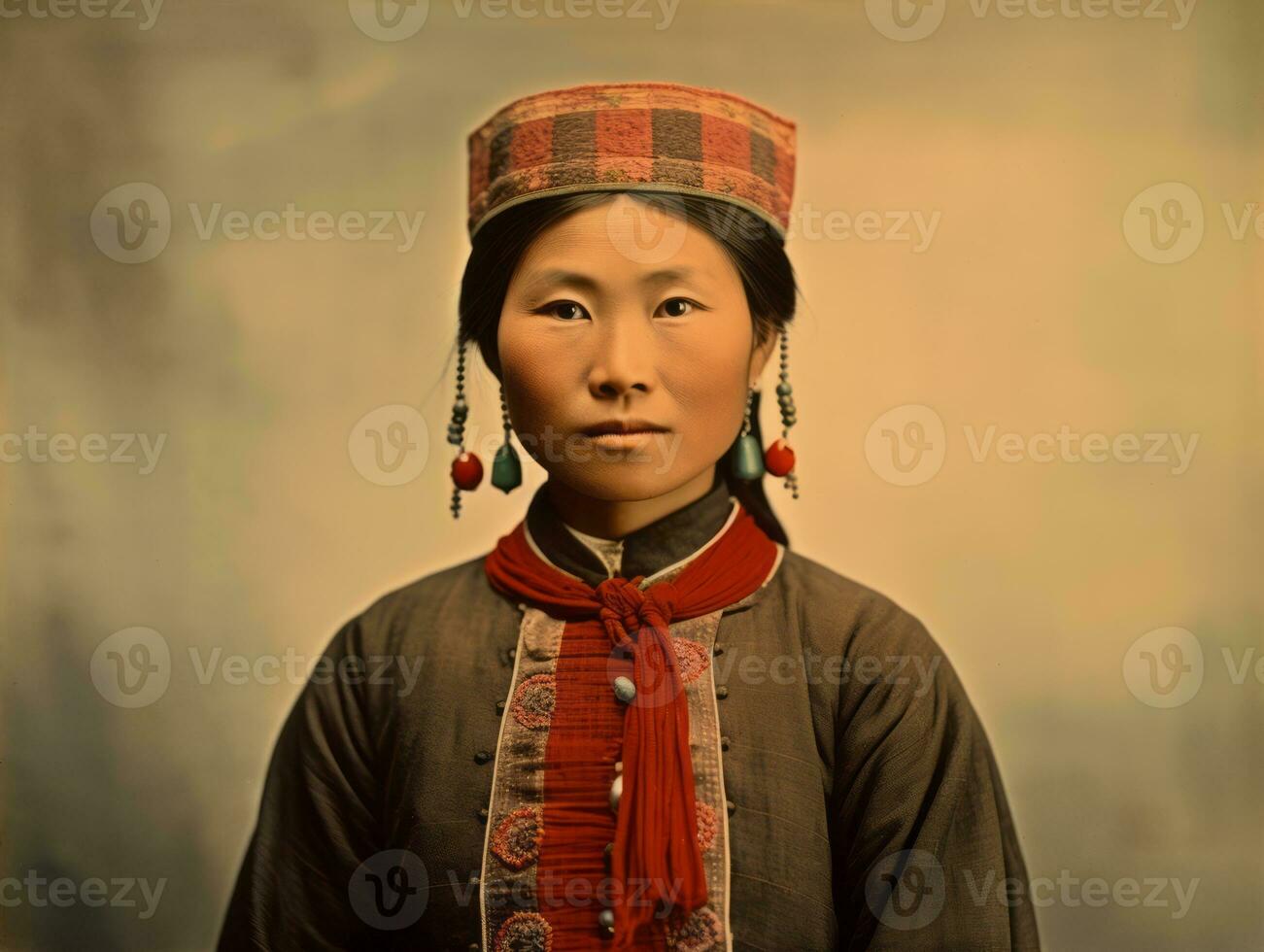 un antiguo de colores fotografía de un asiático mujer desde el temprano 1900 ai generativo foto