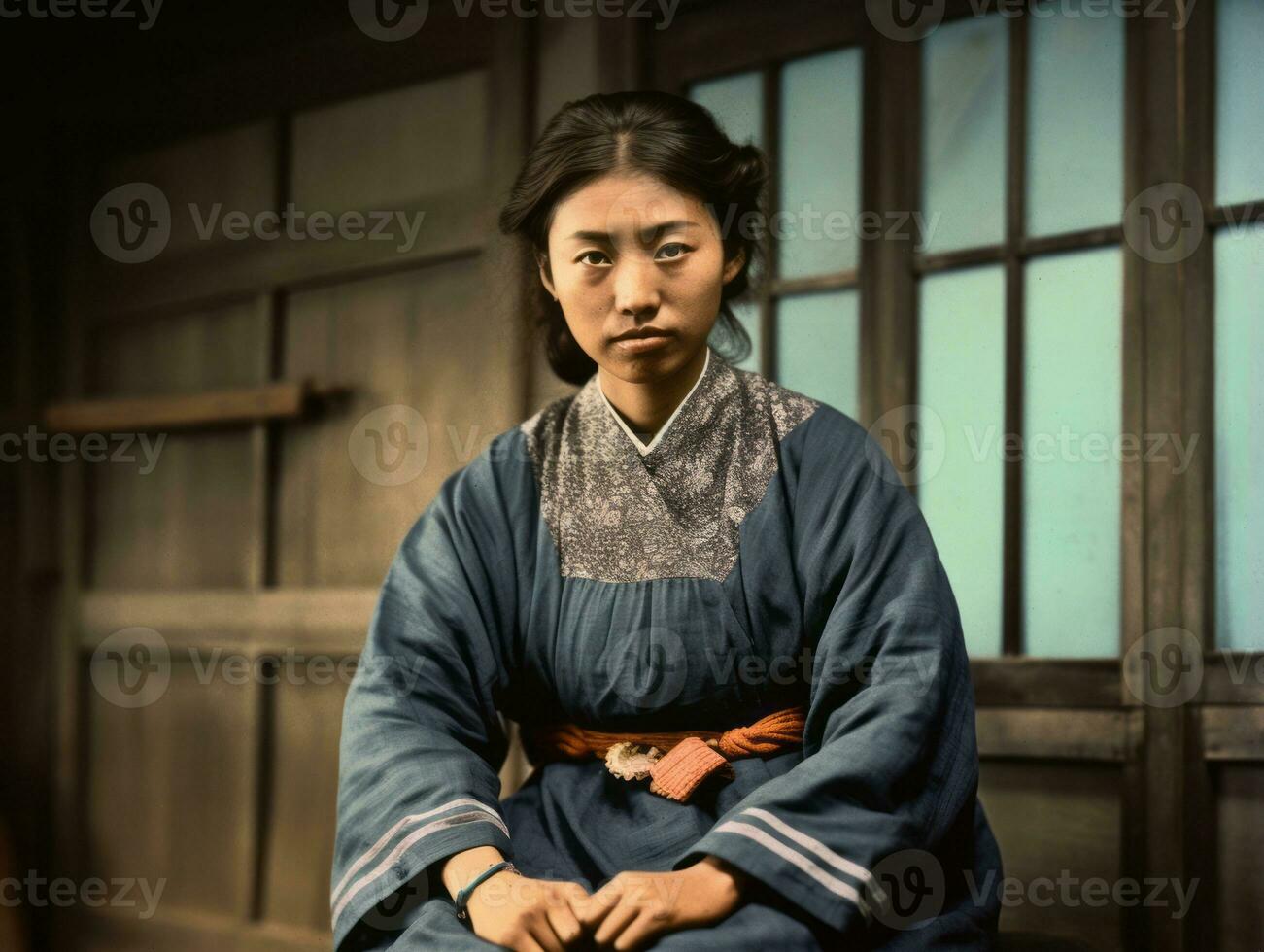 un antiguo de colores fotografía de un asiático mujer desde el temprano 1900 ai generativo foto