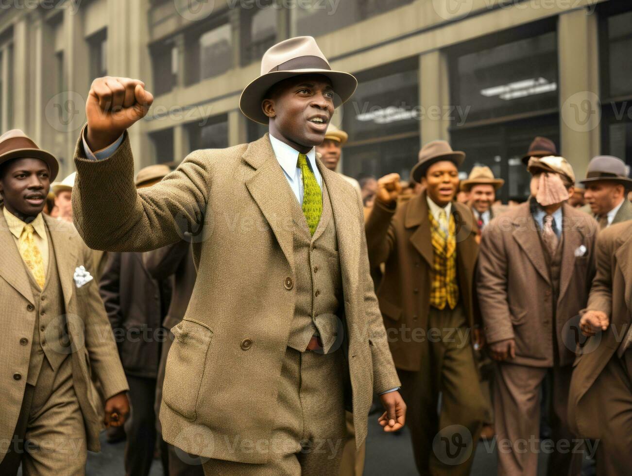Historic colored photo of a man leading a protest AI Generative