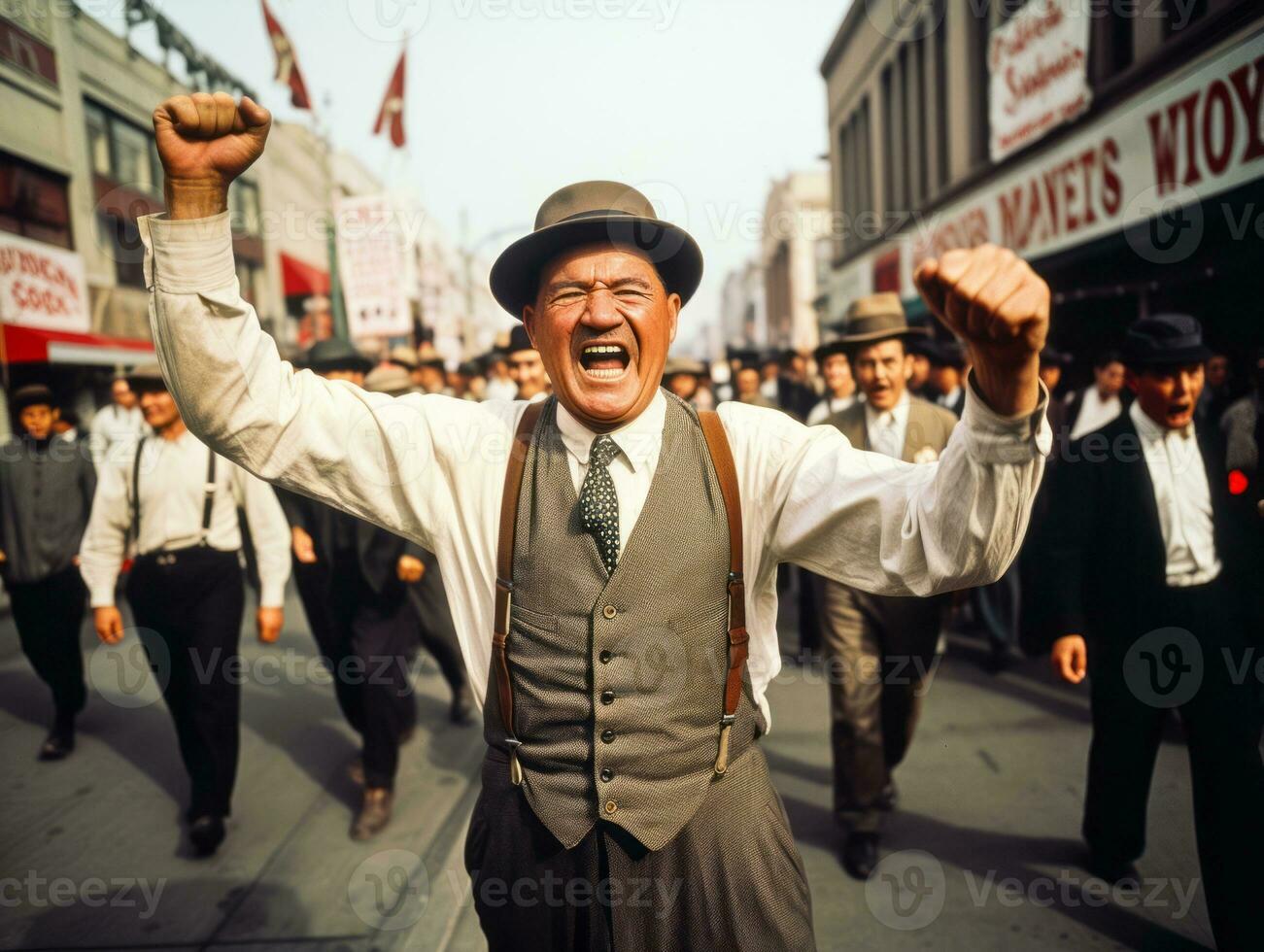 Historic colored photo of a man leading a protest AI Generative