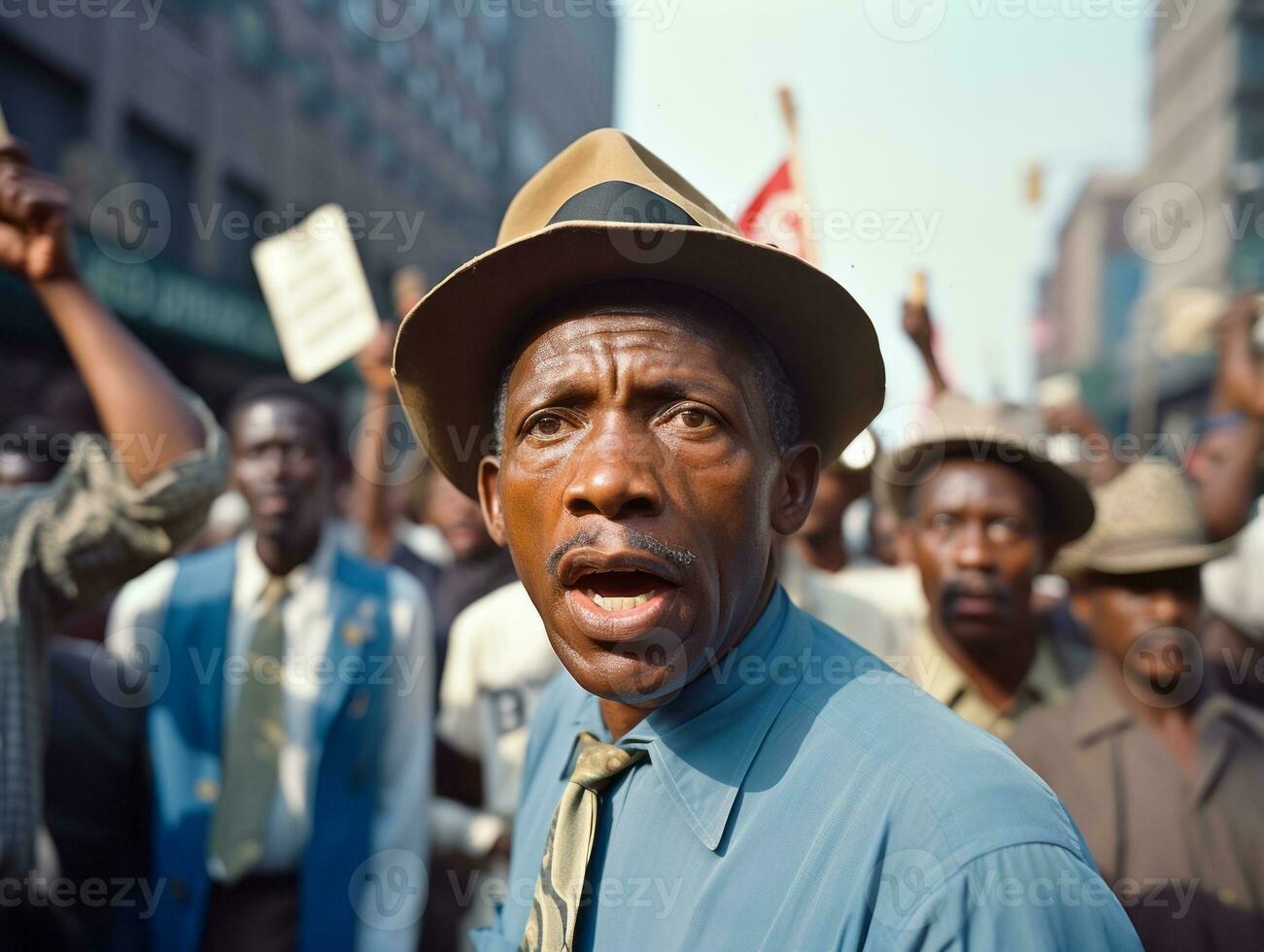 Historic colored photo of a man leading a protest AI Generative