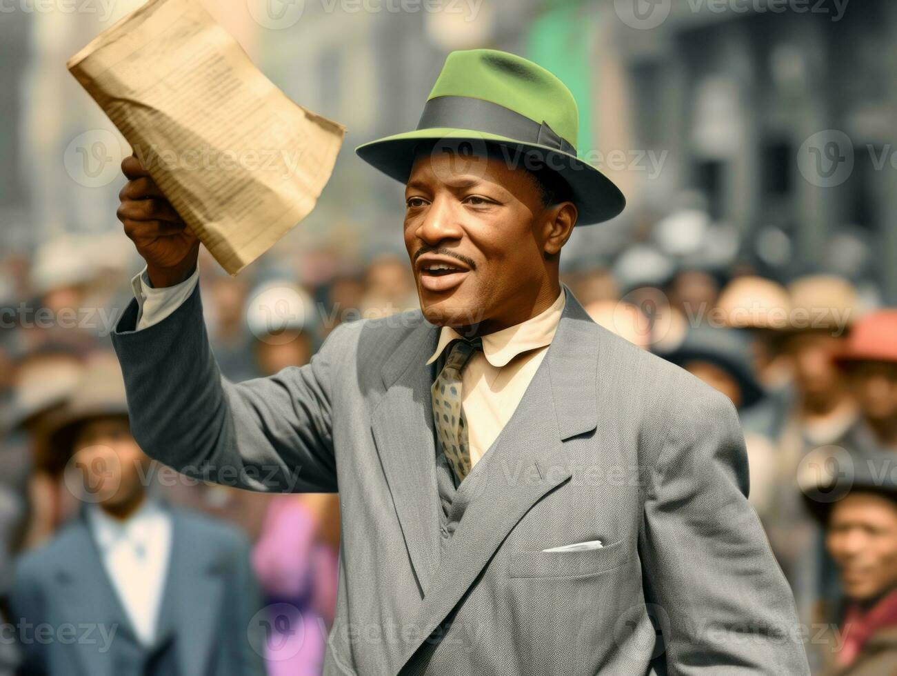 Historic colored photo of a man leading a protest AI Generative