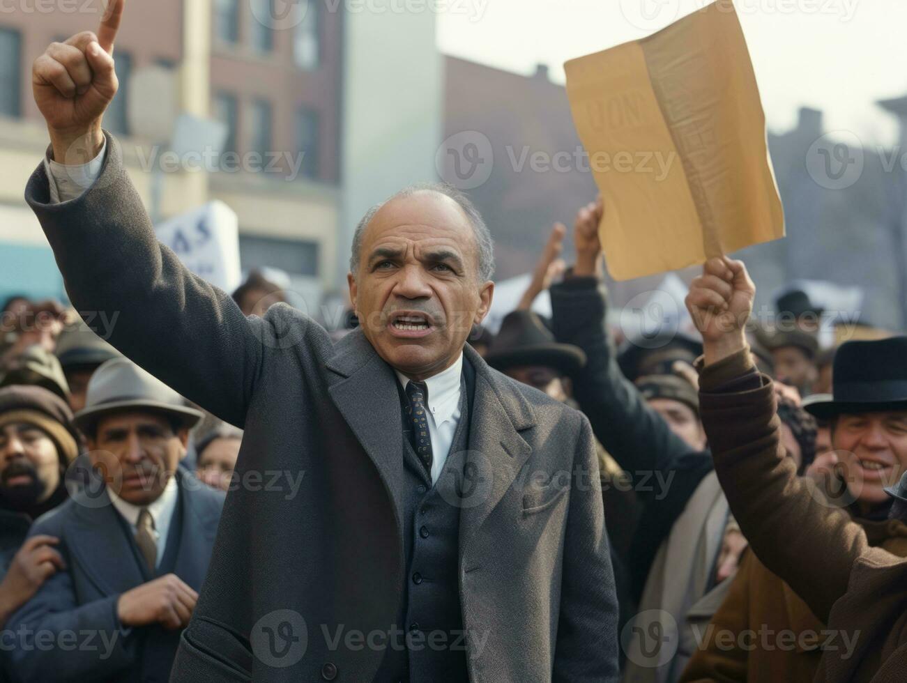 Historic colored photo of a man leading a protest AI Generative