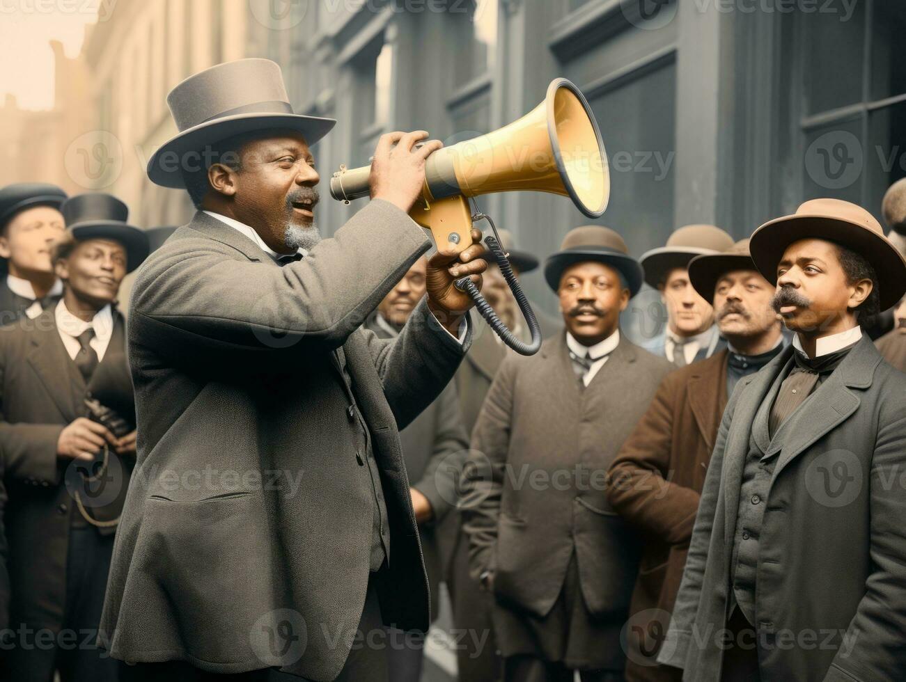 Historic colored photo of a man leading a protest AI Generative