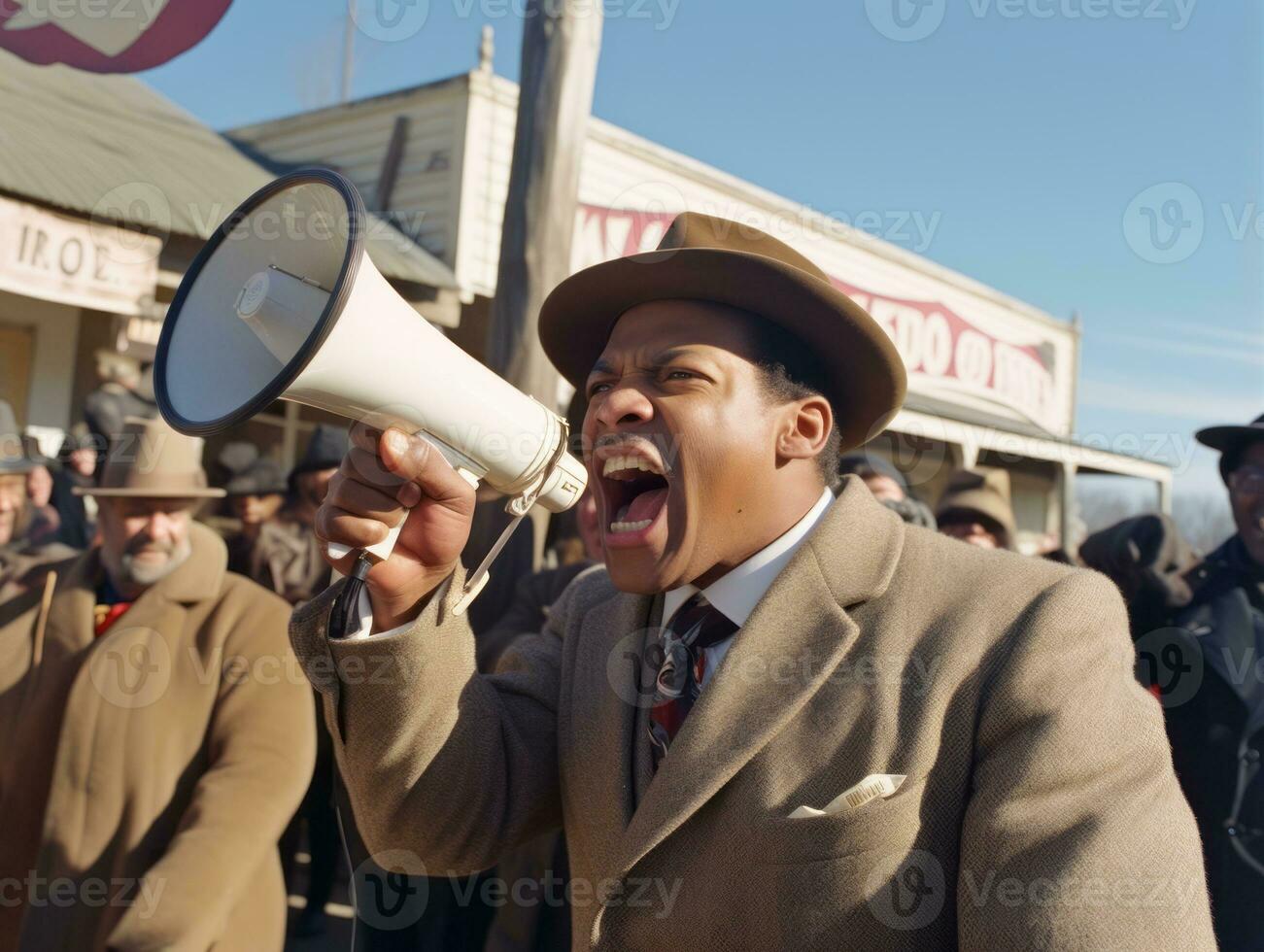 Historic colored photo of a man leading a protest AI Generative