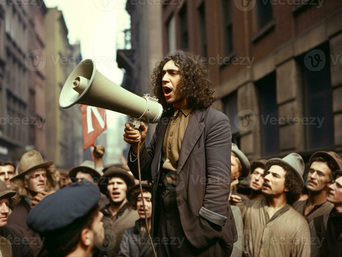 Historic colored photo of a man leading a protest AI Generative