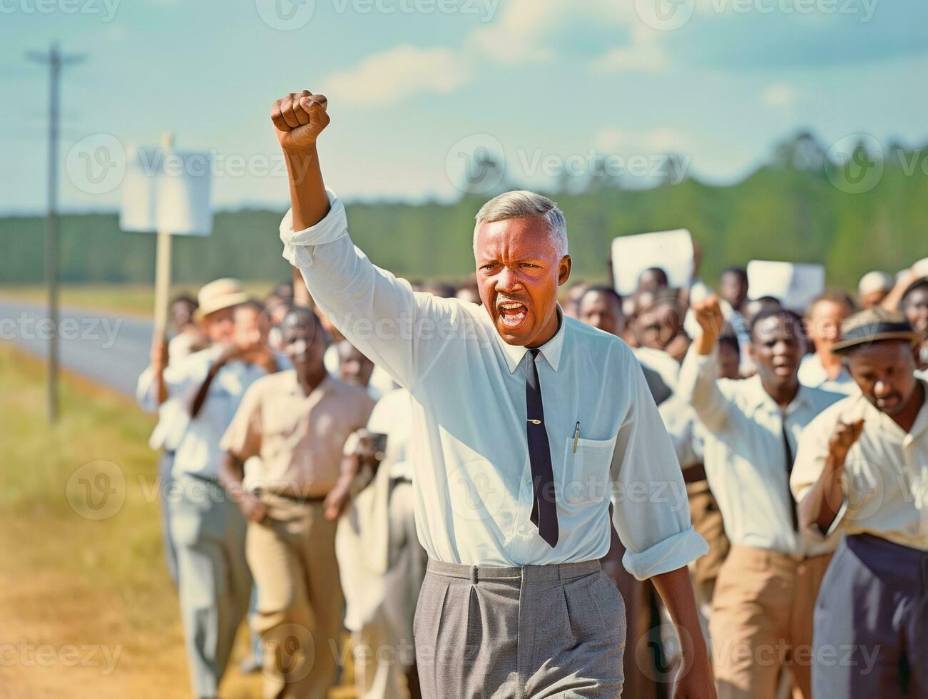 Historic colored photo of a man leading a protest AI Generative