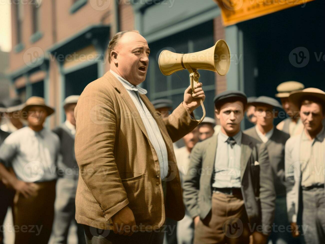 Historic colored photo of a man leading a protest AI Generative