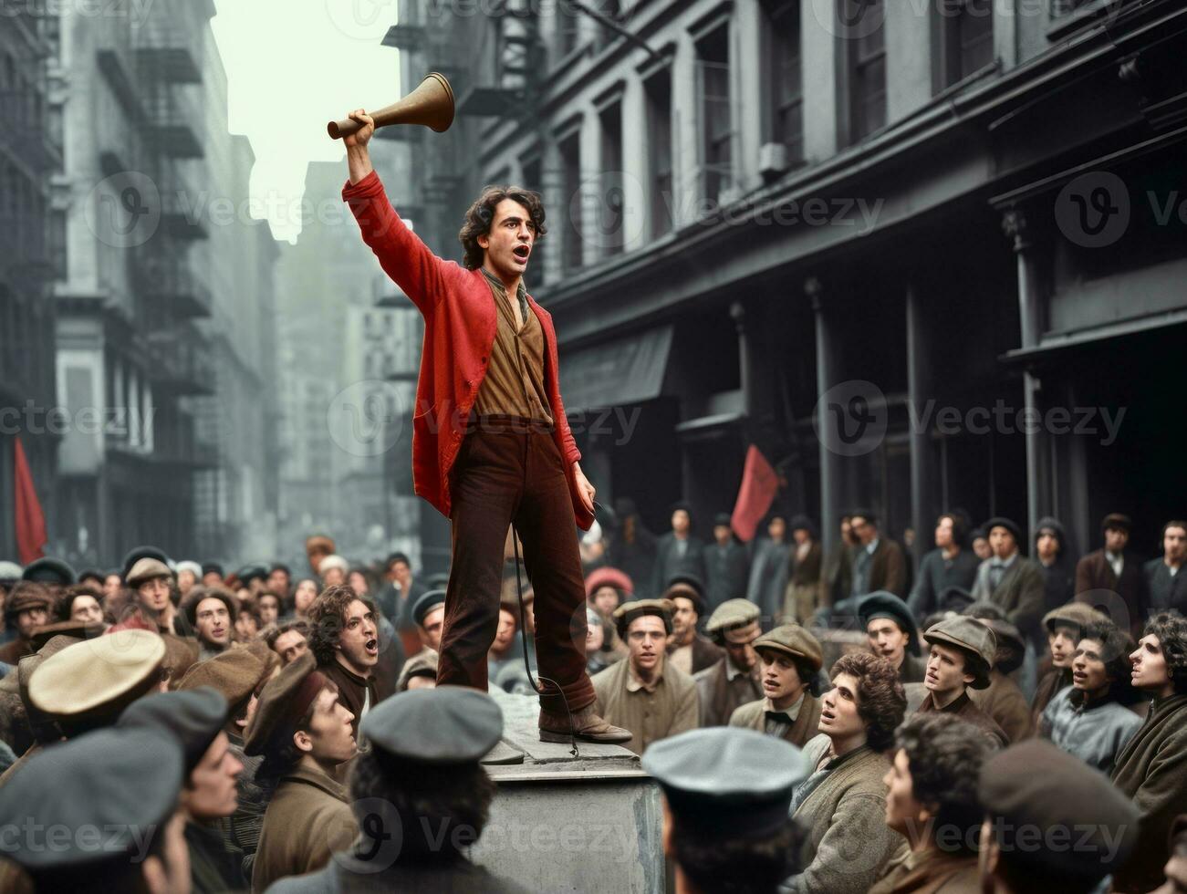 Historic colored photo of a man leading a protest AI Generative