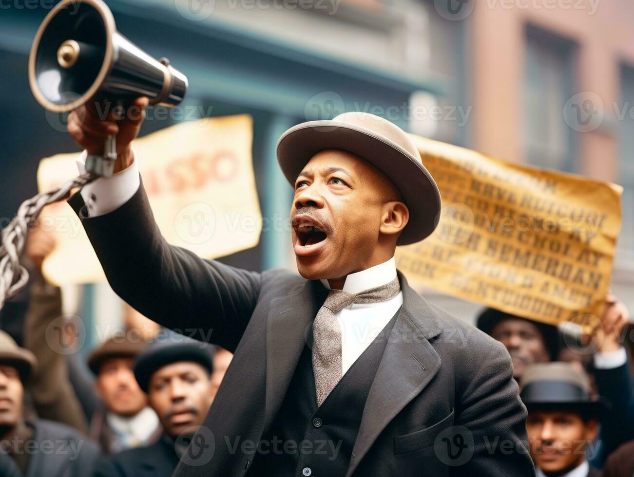 Historic colored photo of a man leading a protest AI Generative