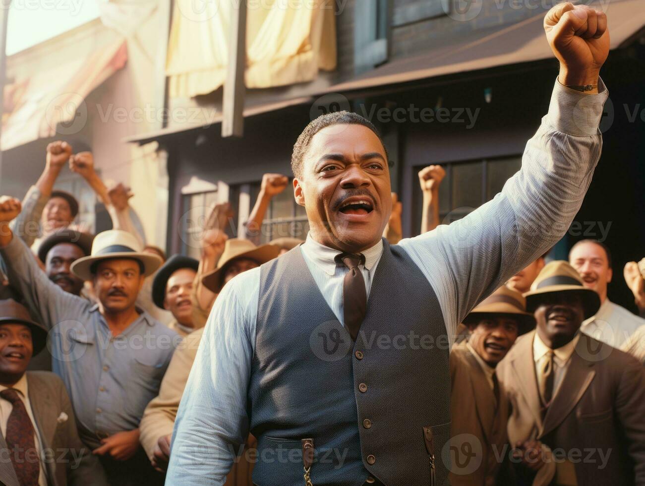 Historic colored photo of a man leading a protest AI Generative