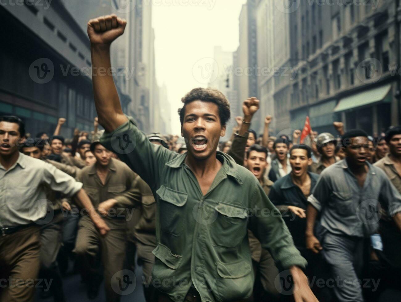 Historic colored photo of a man leading a protest AI Generative