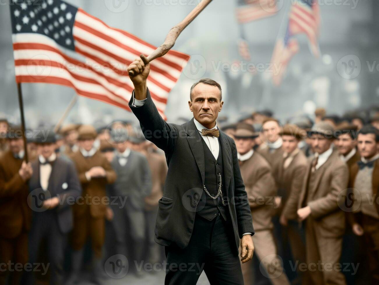 Historic colored photo of a man leading a protest AI Generative