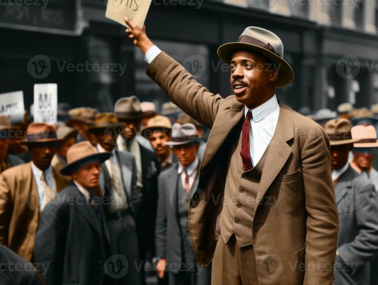 Historic colored photo of a man leading a protest AI Generative