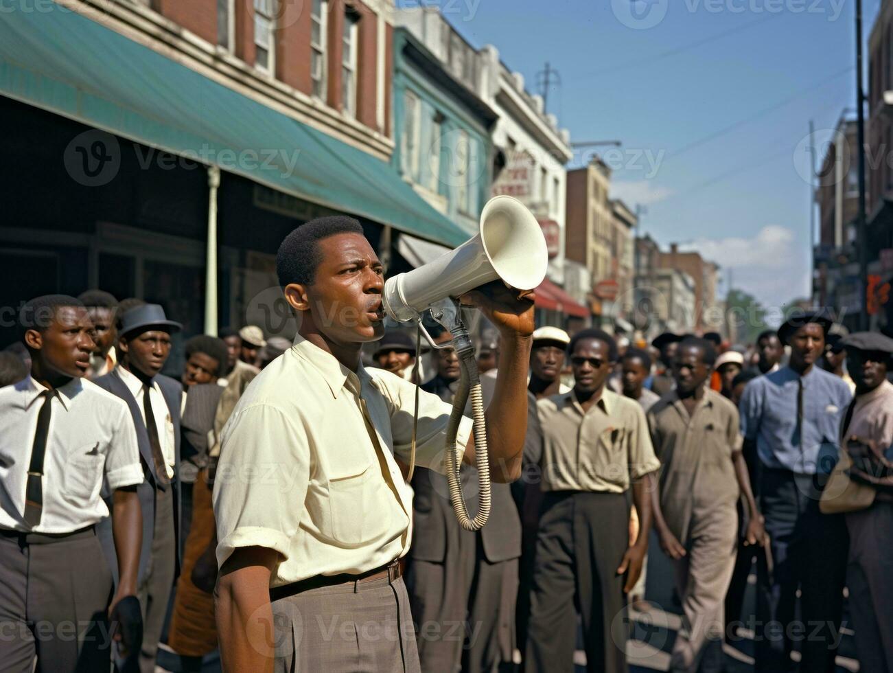 Historic colored photo of a man leading a protest AI Generative