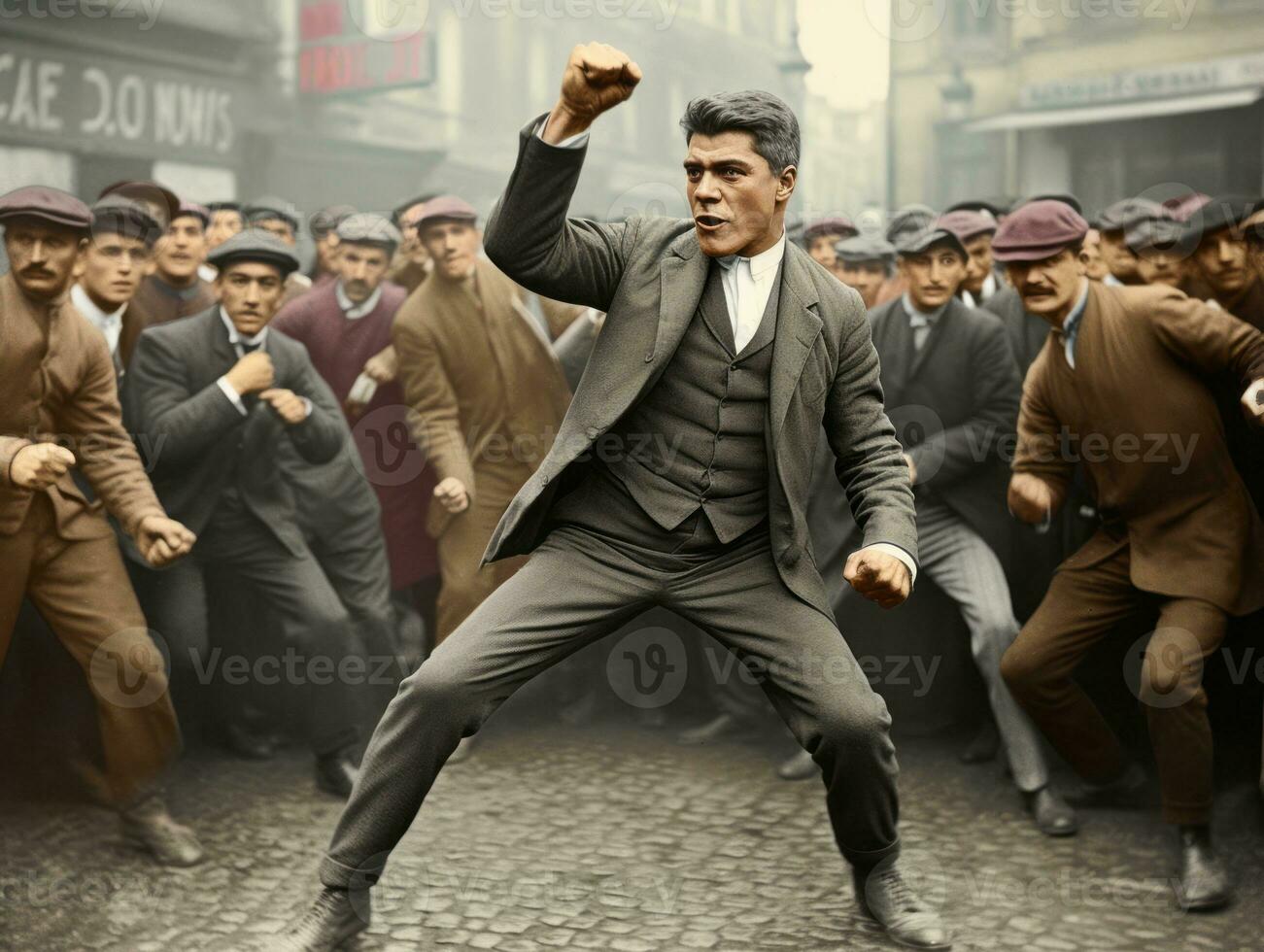 Historic colored photo of a man leading a protest AI Generative