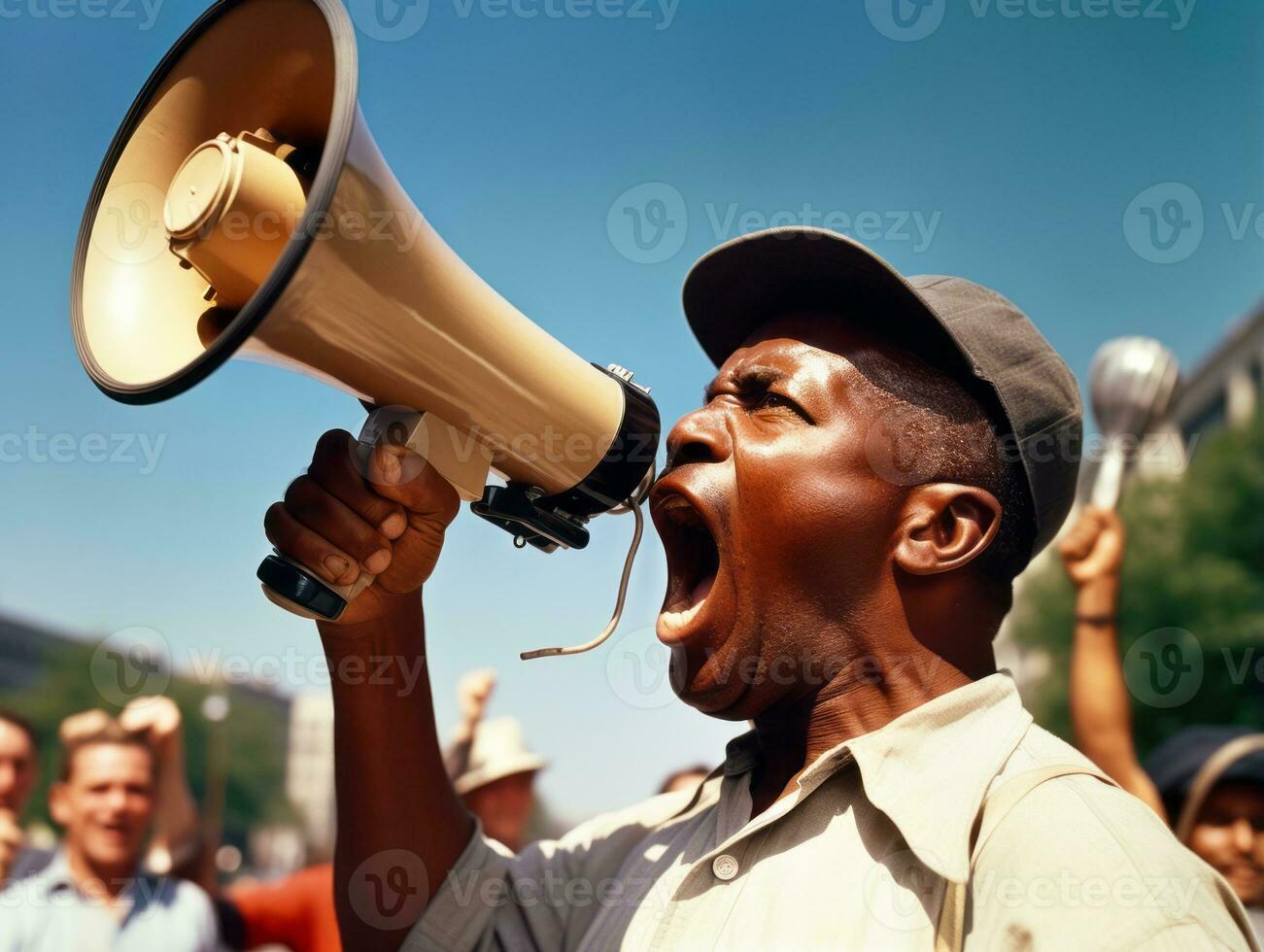 Historic colored photo of a man leading a protest AI Generative