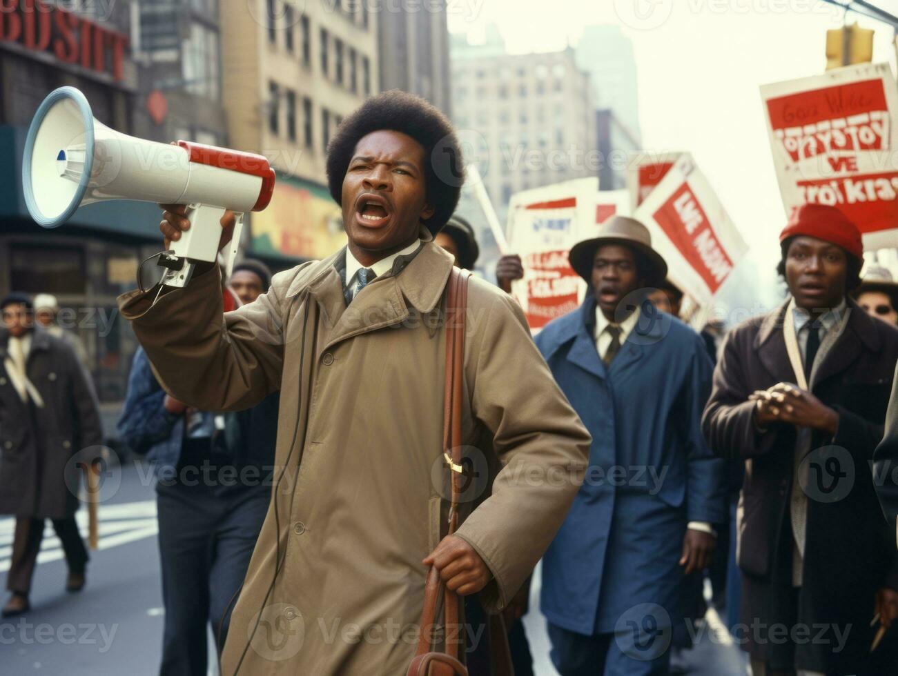 Historic colored photo of a man leading a protest AI Generative