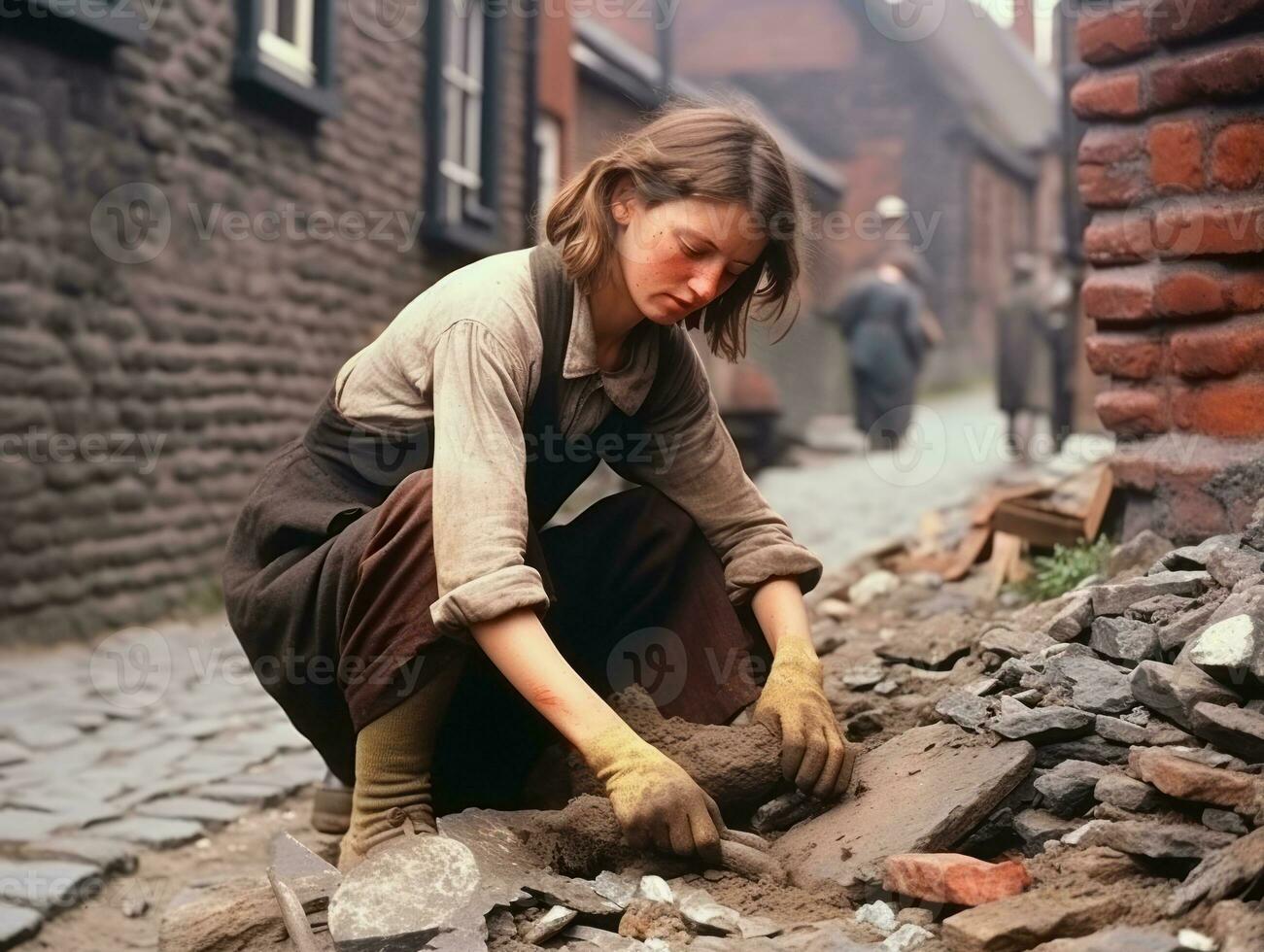 Historic colored photo of a womans daily work in the past AI Generative