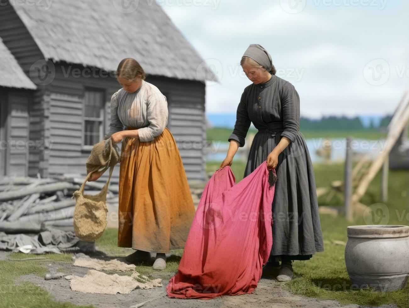 Historic colored photo of a womans daily work in the past AI Generative