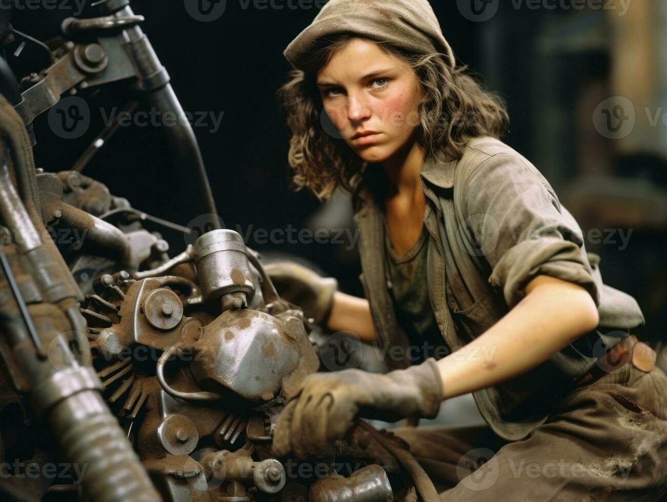 Historic colored photo of a womans daily work in the past AI Generative