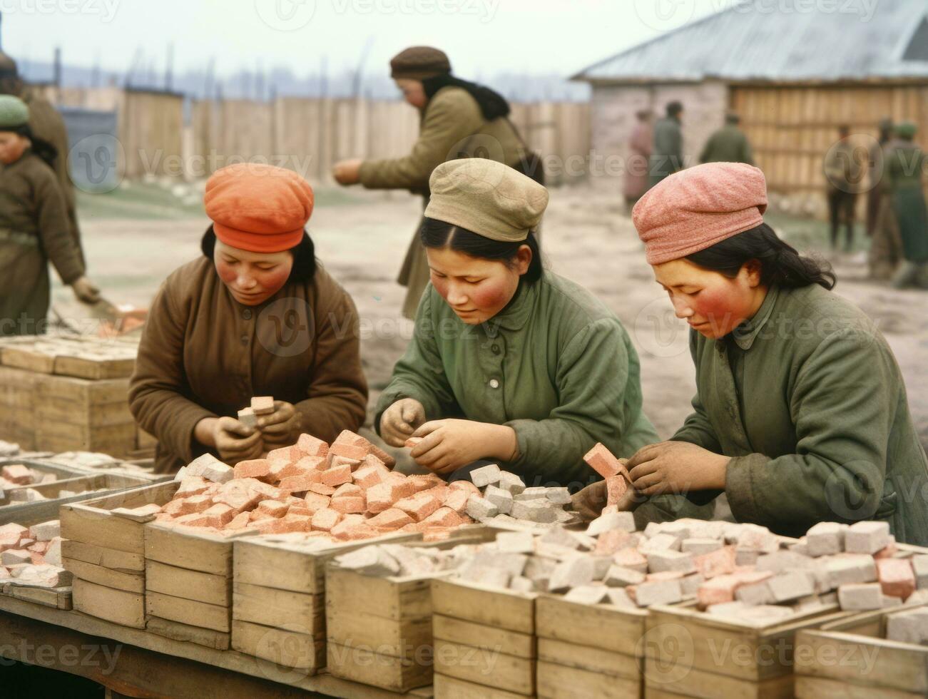 Historic colored photo of a womans daily work in the past AI Generative