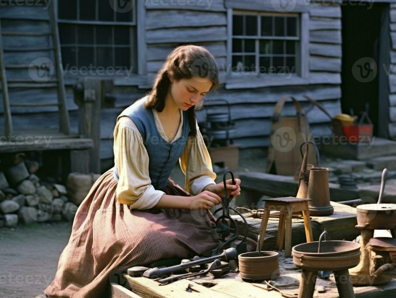 Historic colored photo of a womans daily work in the past AI Generative