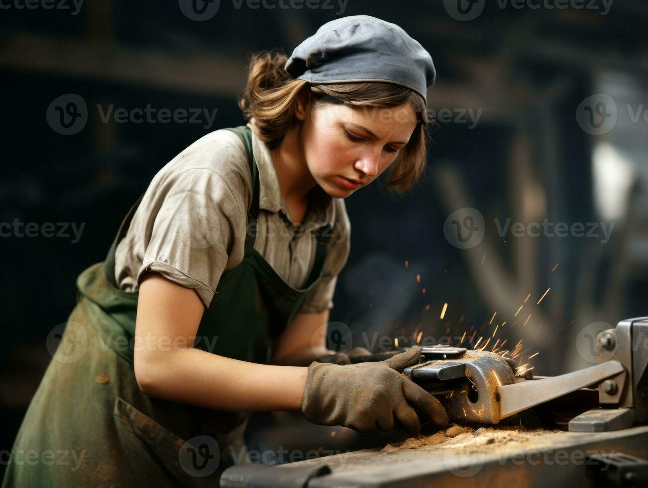 Historic colored photo of a womans daily work in the past AI Generative