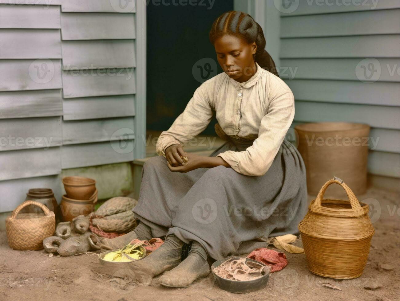 Historic colored photo of a womans daily work in the past AI Generative