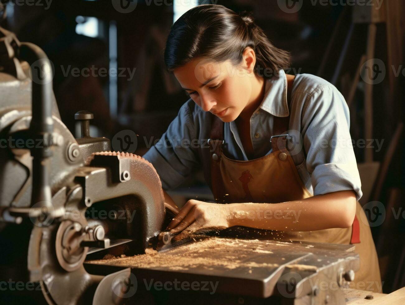 histórico de colores foto de un mujeres diario trabajo en el pasado ai generativo