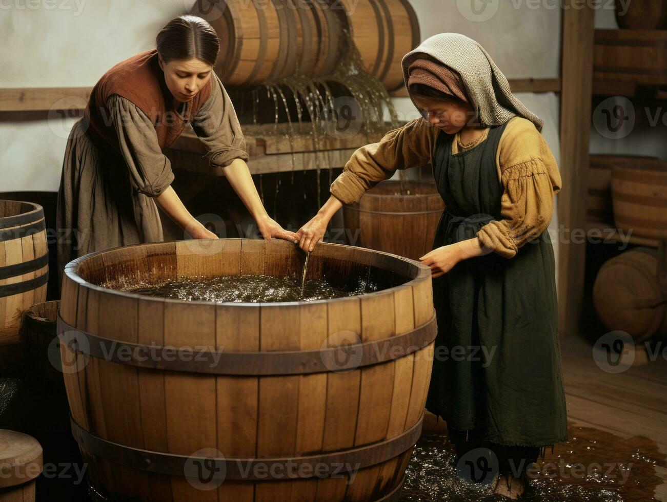 Historic colored photo of a womans daily work in the past AI Generative
