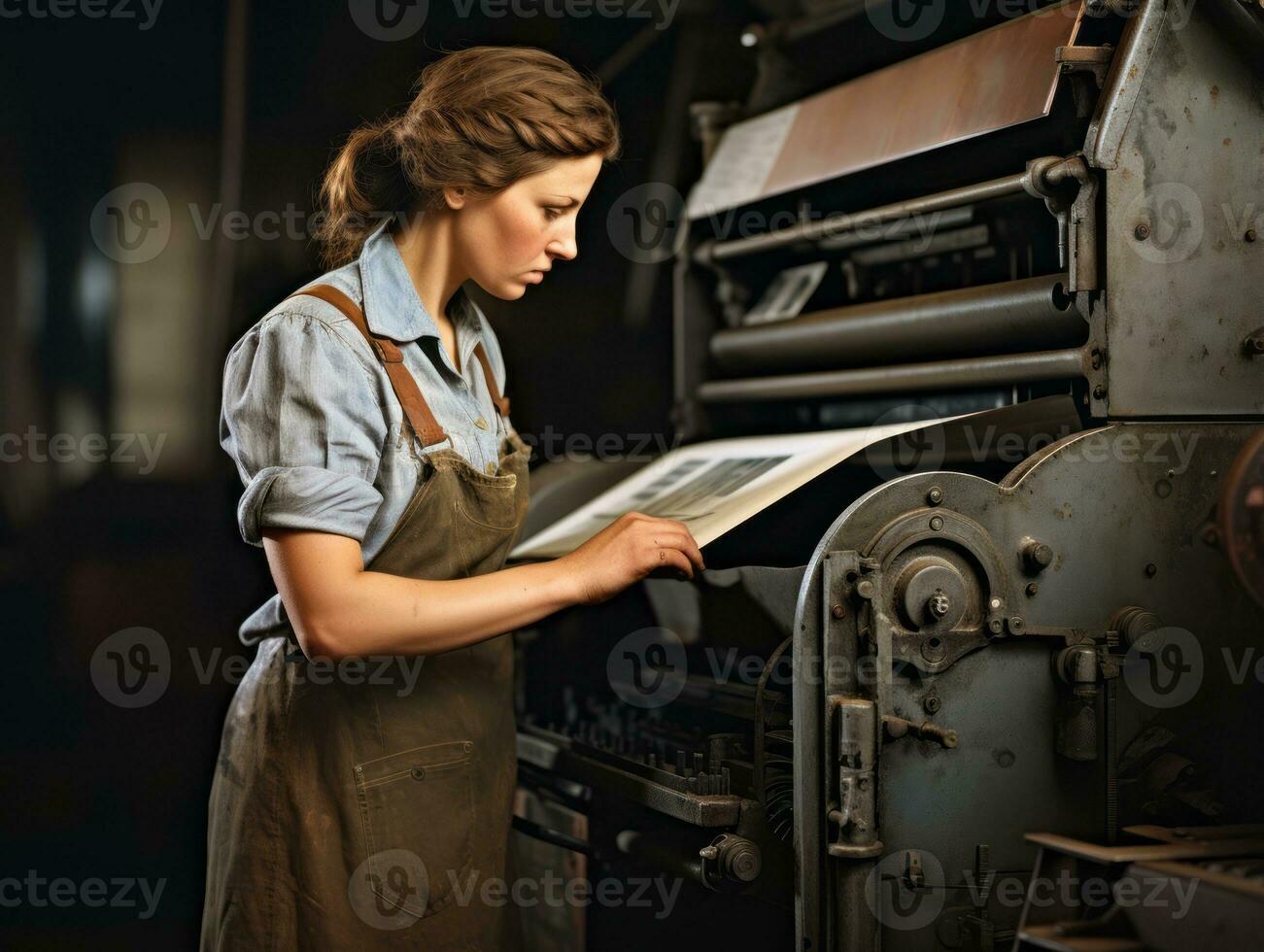 histórico de colores foto de un mujeres diario trabajo en el pasado ai generativo