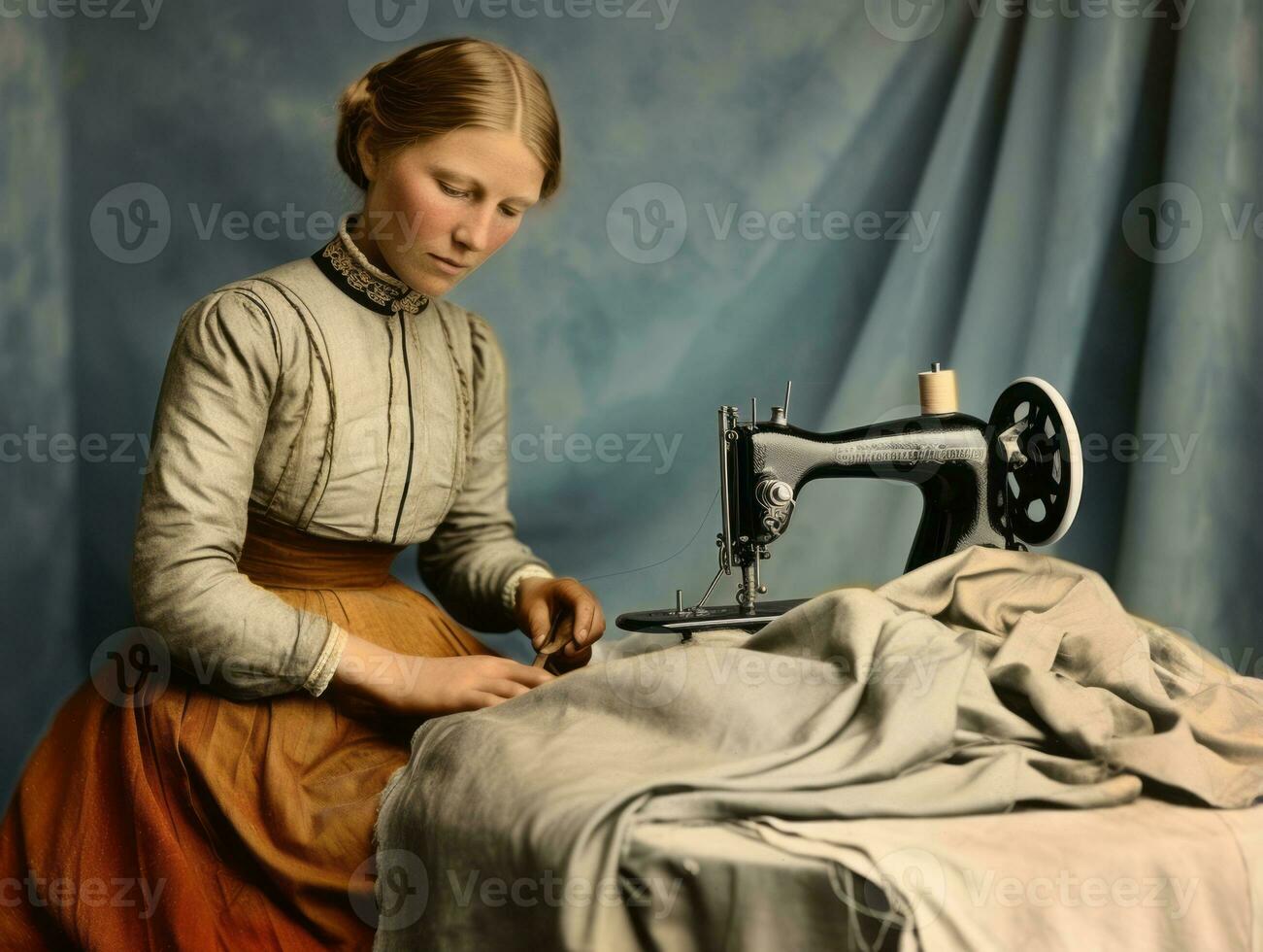 Historic colored photo of a womans daily work in the past AI Generative