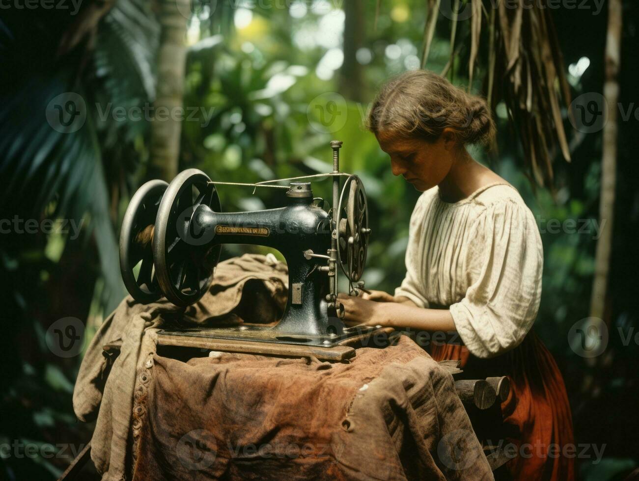 Historic colored photo of a womans daily work in the past AI Generative