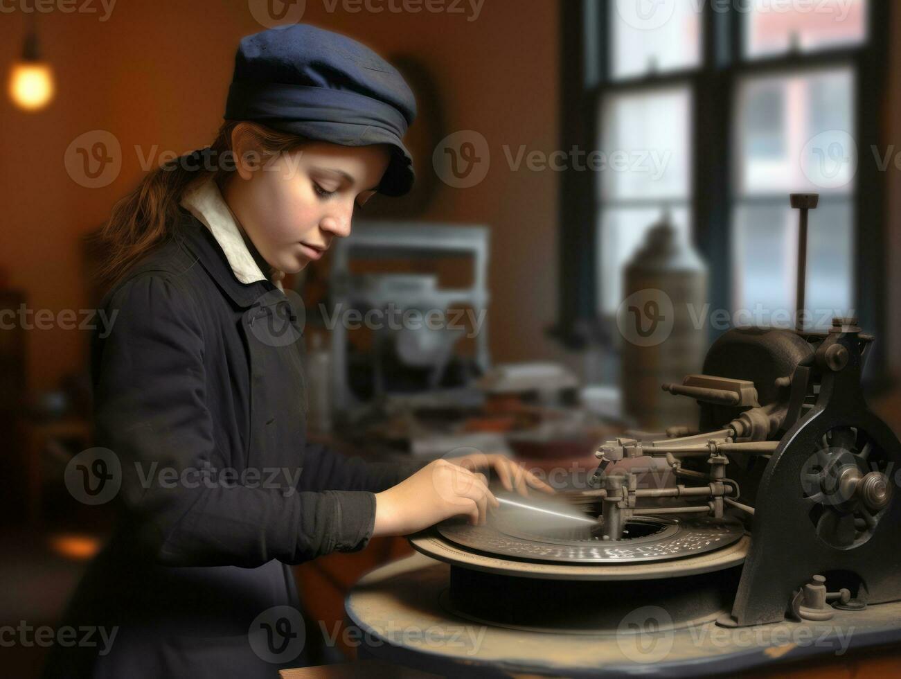 Historic colored photo of a womans daily work in the past AI Generative