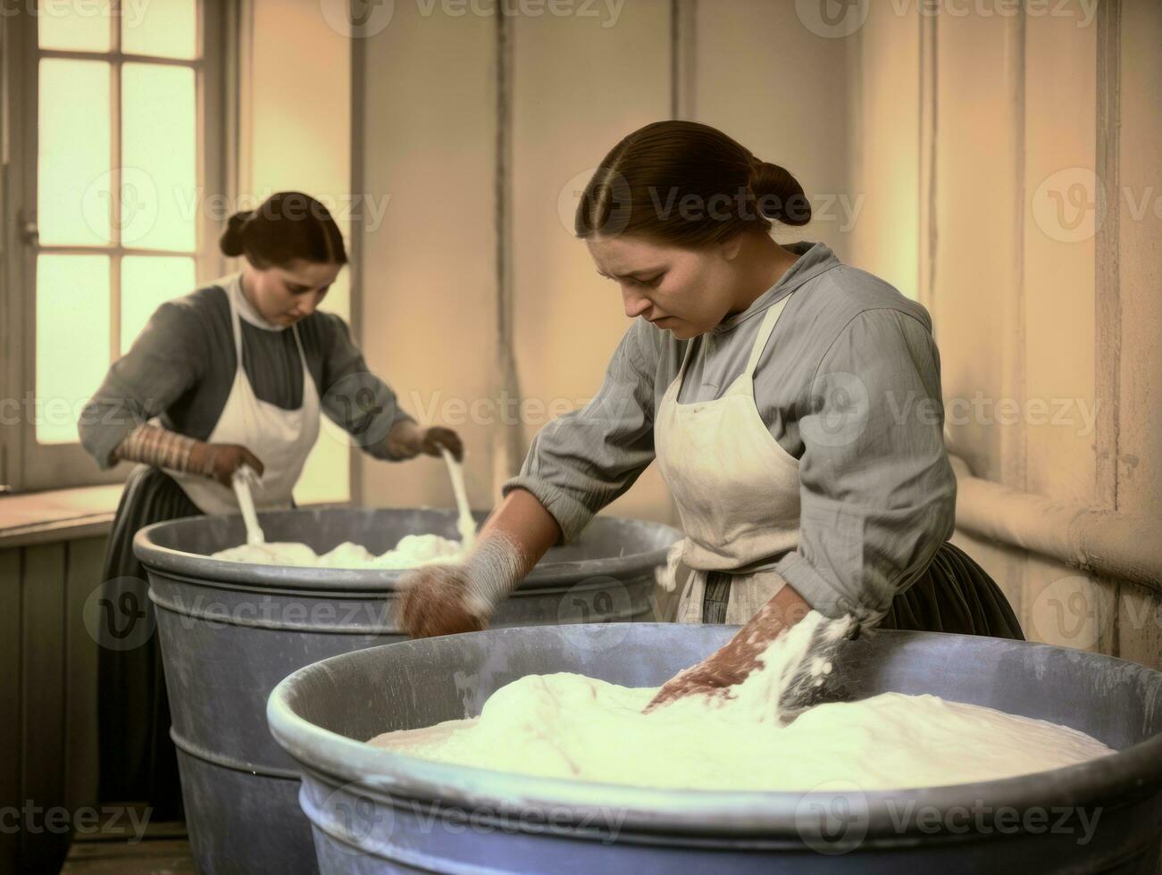 Historic colored photo of a womans daily work in the past AI Generative