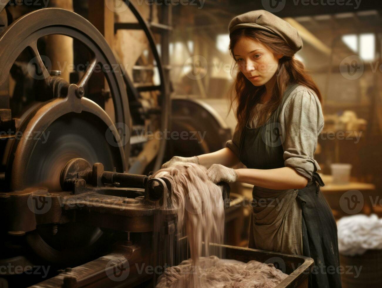 Historic colored photo of a womans daily work in the past AI Generative