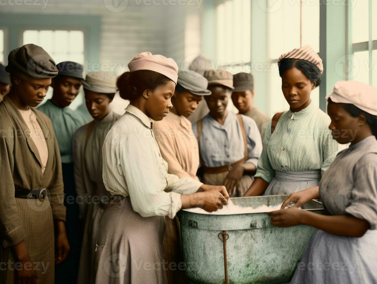 Historic colored photo of a womans daily work in the past AI Generative