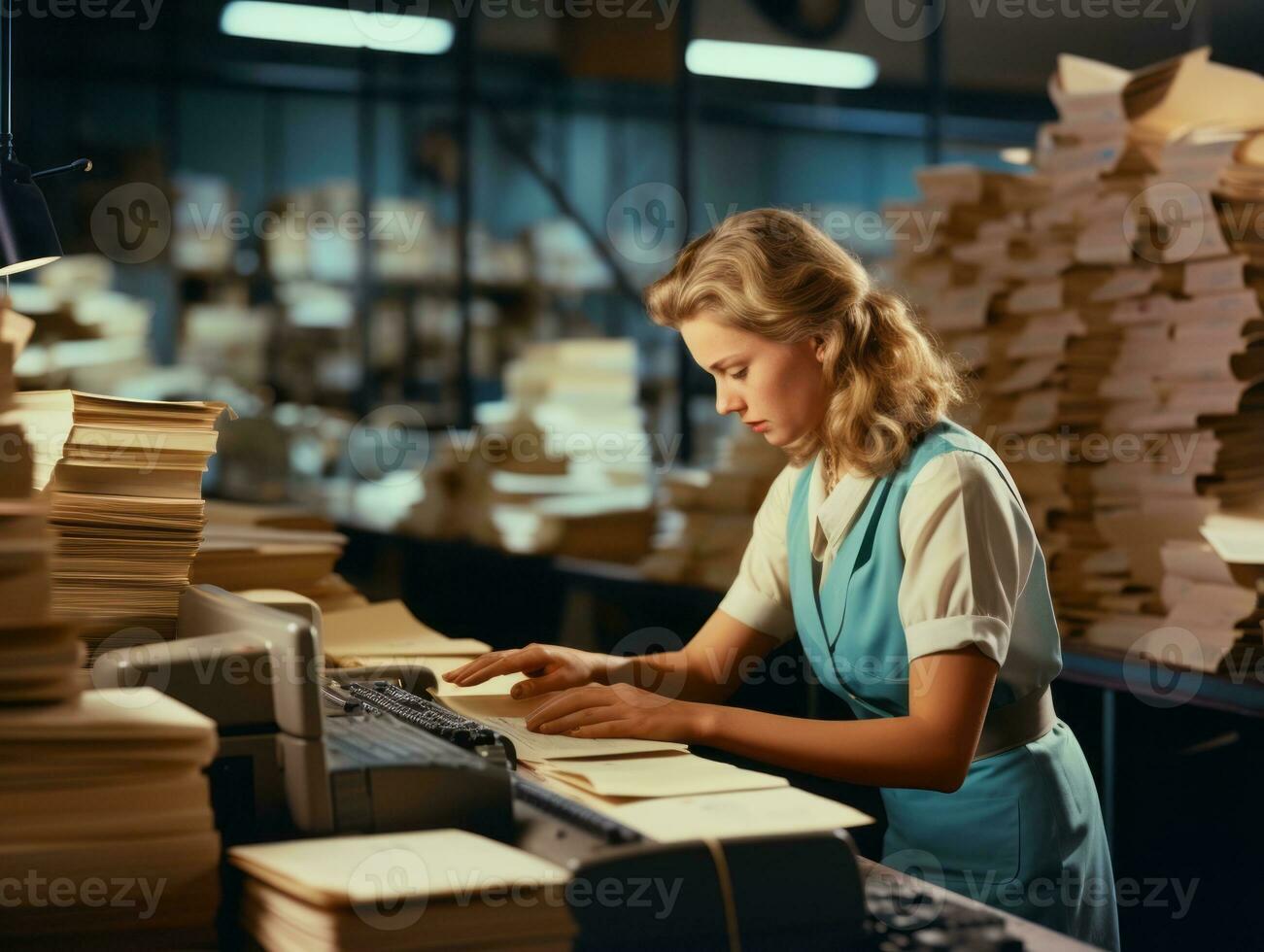 histórico de colores foto de un mujeres diario trabajo en el pasado ai generativo