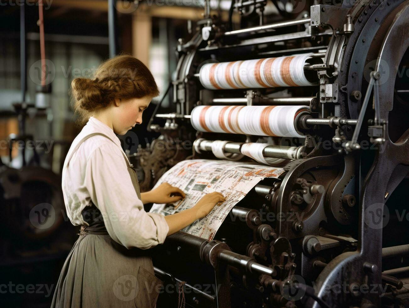 histórico de colores foto de un mujeres diario trabajo en el pasado ai generativo