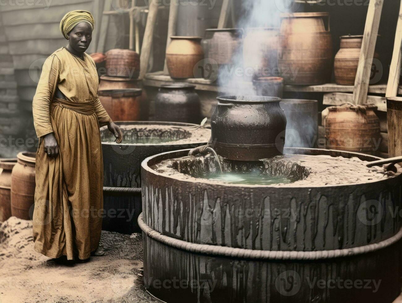 Historic colored photo of a womans daily work in the past AI Generative