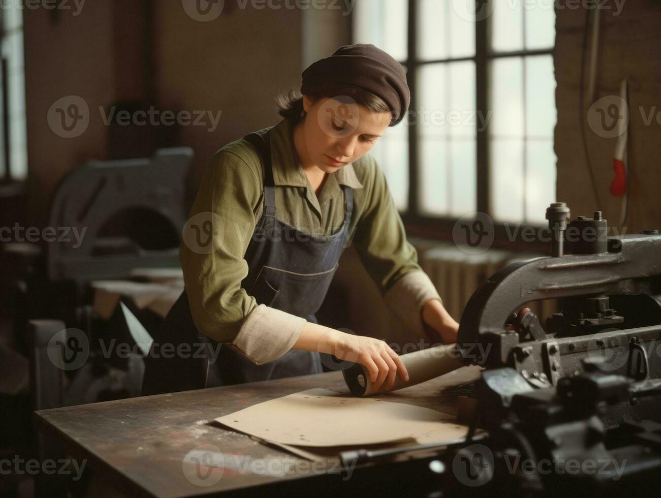 histórico de colores foto de un mujeres diario trabajo en el pasado ai generativo