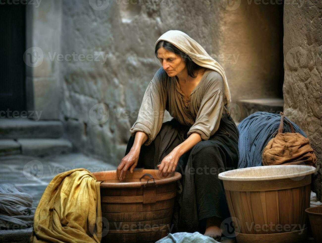 histórico de colores foto de un mujeres diario trabajo en el pasado ai generativo