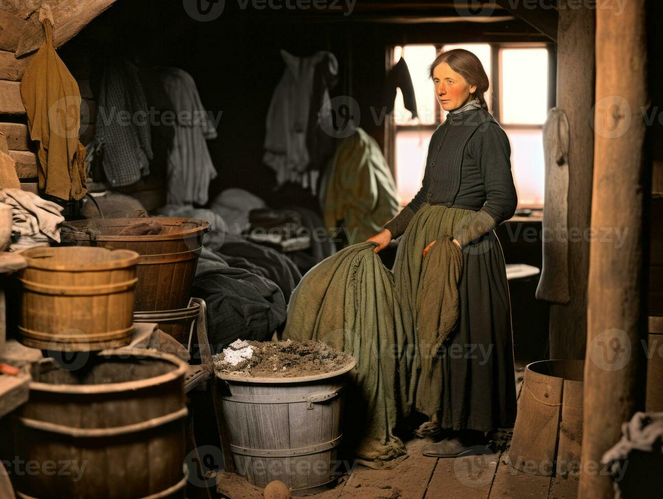 Historic colored photo of a womans daily work in the past AI Generative