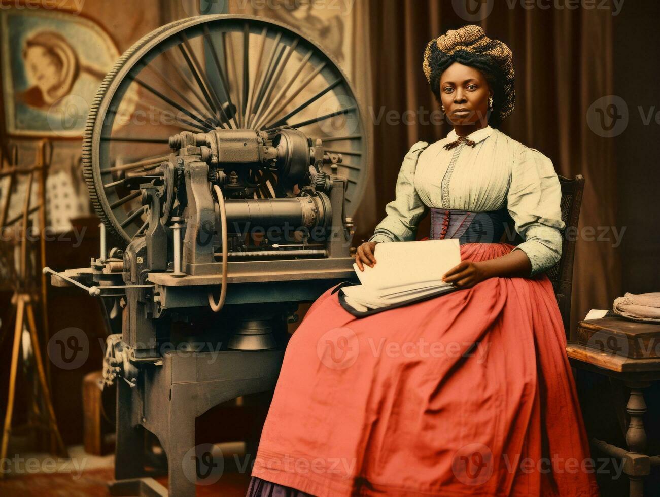 Historic colored photo of a womans daily work in the past AI Generative