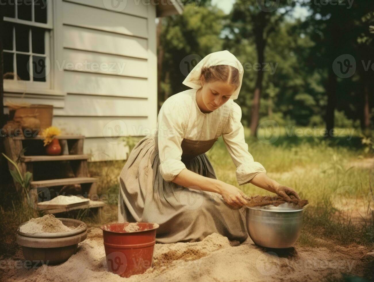 Historic colored photo of a womans daily work in the past AI Generative