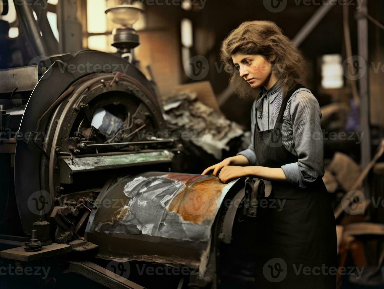 Historic colored photo of a womans daily work in the past AI Generative