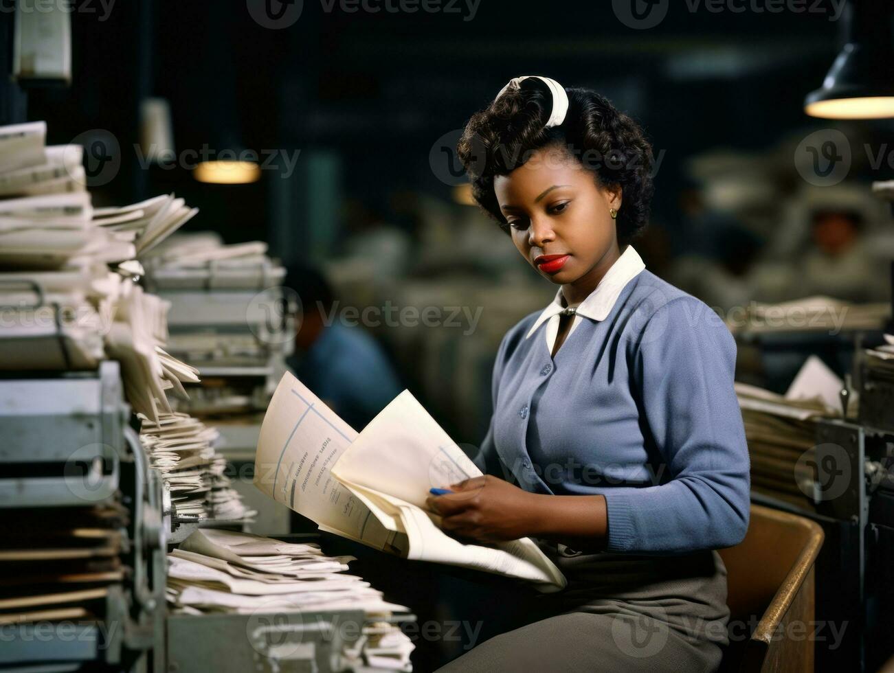 Historic colored photo of a womans daily work in the past AI Generative