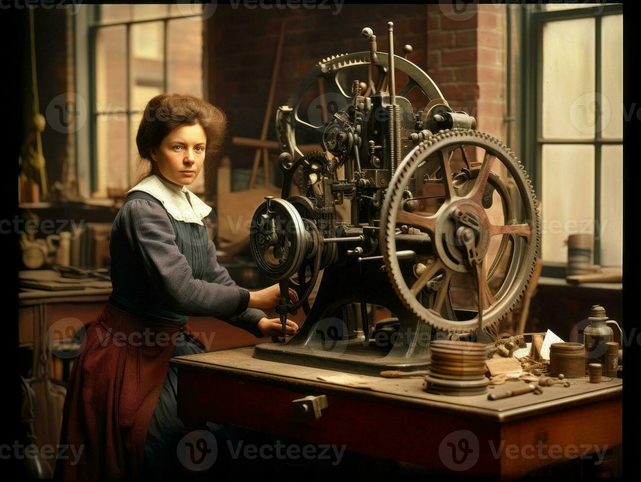 Historic colored photo of a womans daily work in the past AI Generative