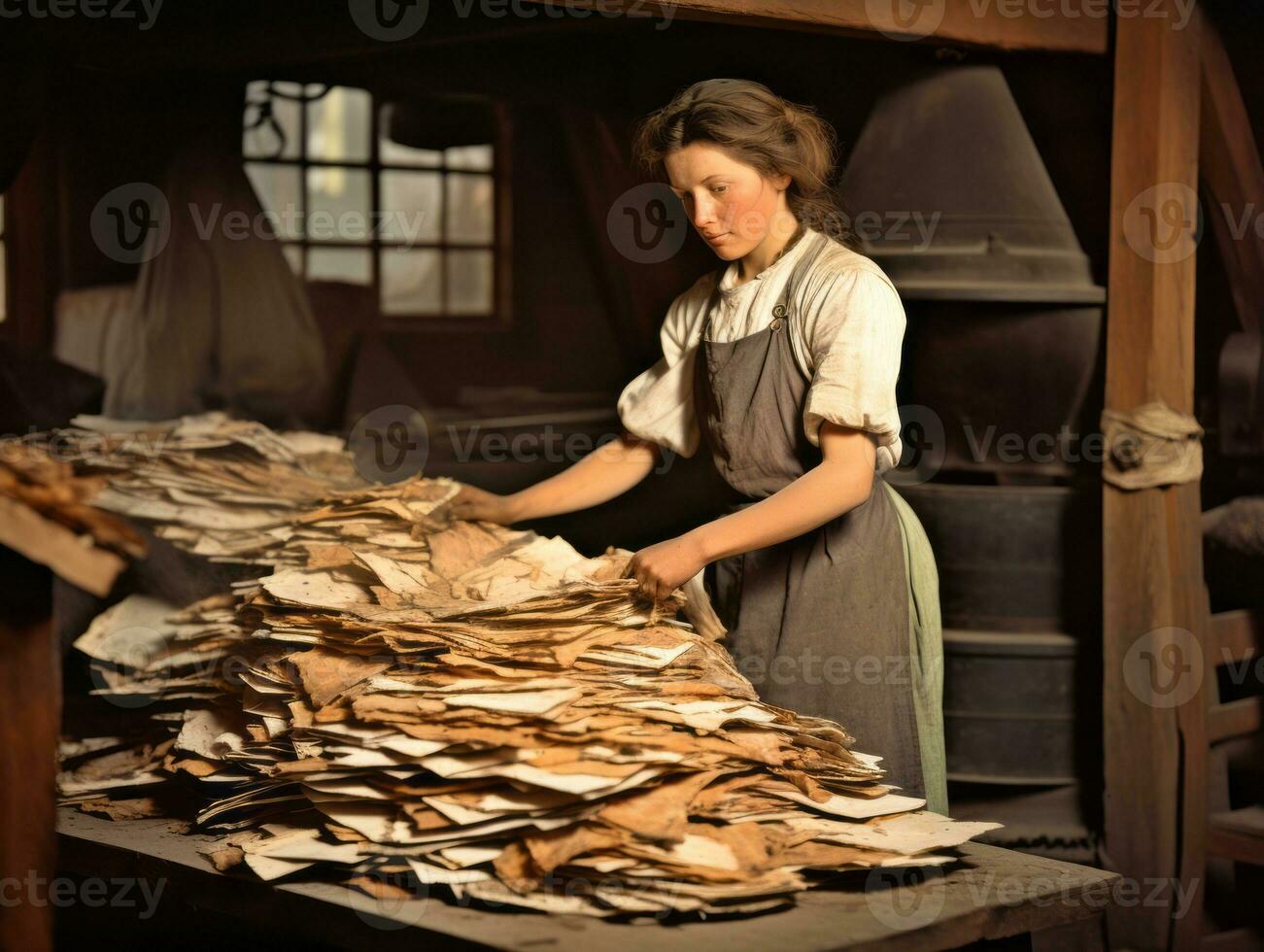 histórico de colores foto de un mujeres diario trabajo en el pasado ai generativo